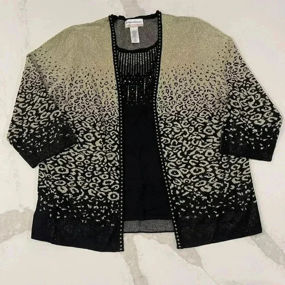 Alfred Dunner Cardigan Sweater Top Women’s 1X Sparkly Black Gold Leopard Print